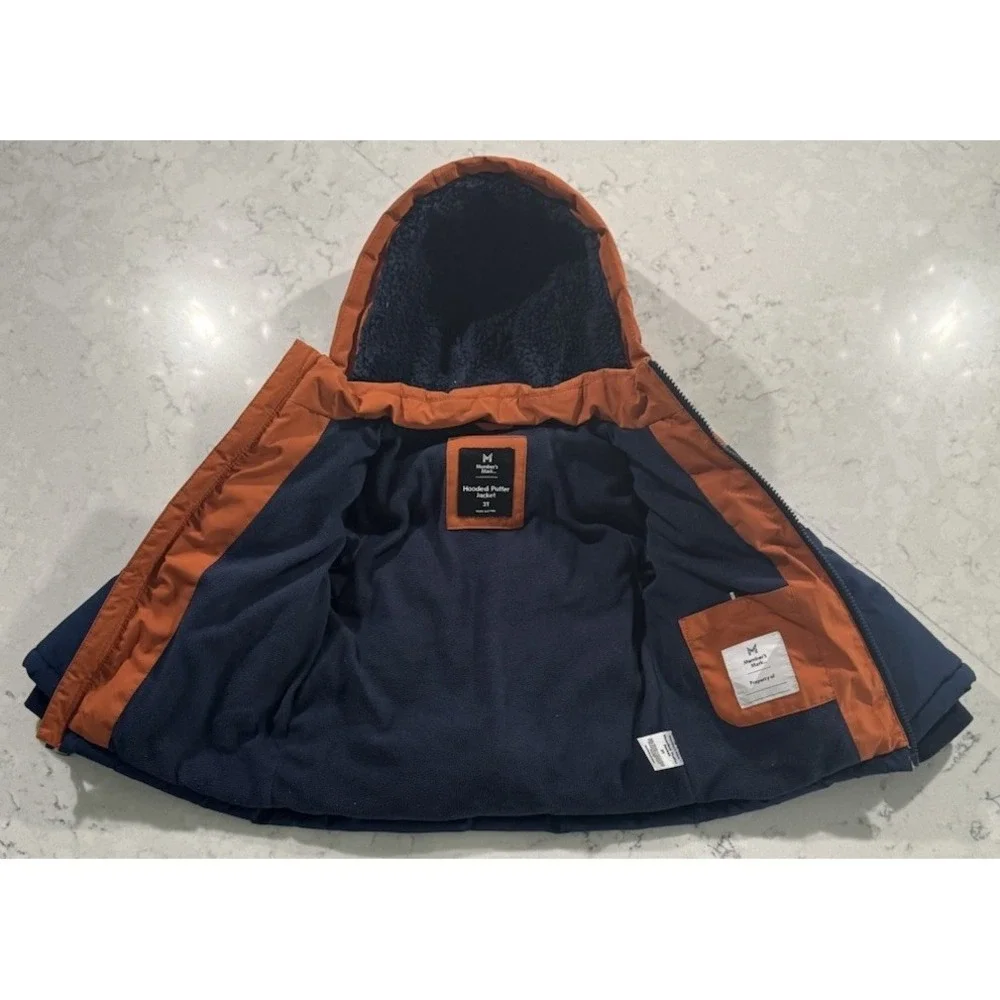 Member's Mark Puffer Jacket Boys 3T Navy Blue Orange Fleece Lined Hooded Coat